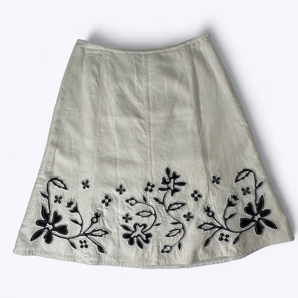 Vtg Edward Linen Blend A-Line Skirt Sz 8 White Black Floral Applique Lined Zip